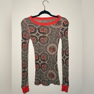 Free People Y2K Floral Print Thermal Top | Small | Boho Waffle Knit Long Sleeve